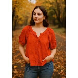 Calypso St. Barth Orange Floral Eyelet Cottage Button Down Blouse Top (size M)